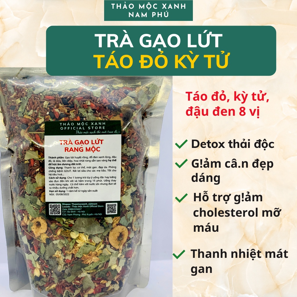 Trà Gạo Lứt Táo Đỏ Kỳ Tử Đậu Đen 8 vị giúp thanh nhiệt giải độc, mát gan, ngủ ngon.