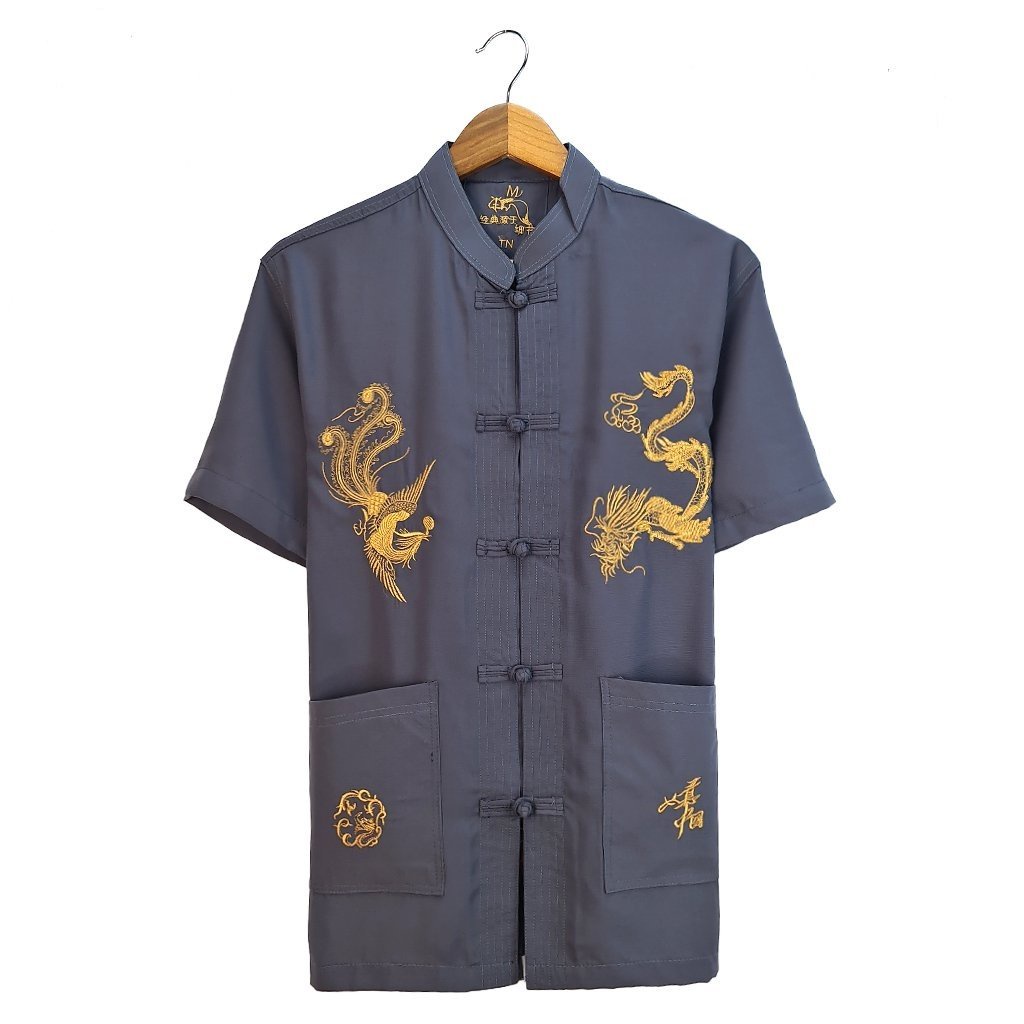Áo sơ mi nam cổ tàu trung niên chất đũi dày dặn mềm mát loại áo sơ mi nam tay ngắn thêu rồng ADUI16
