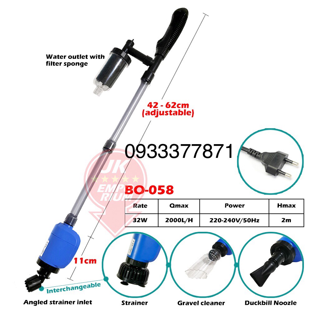 Máy Hút Cặn - Dọn Vệ Sinh Hồ Cá Điện Đa Năng Tích Hợp Đầu Bơm Sobo BO-058 - Hàng Công Ty