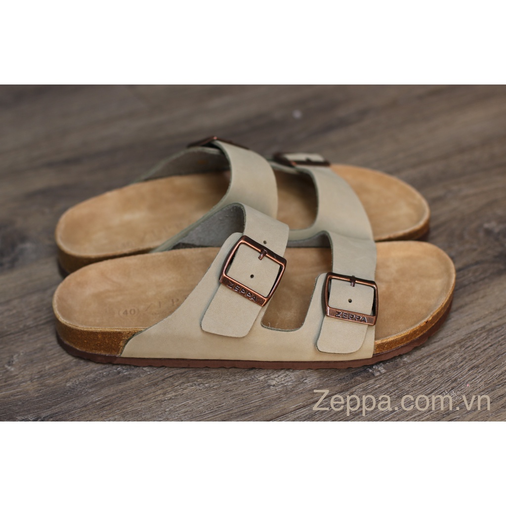 ZEPPA chính hãng - Da bò thật 100% - Dép 2 quai ngang bản lớn màu xám xanh rêu MS: DX6  - Dép đế trấu da bò