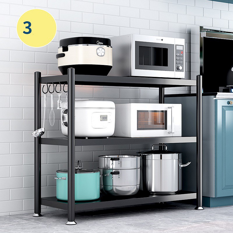 Kệ đựng đồ đa năng inox 304 khung thép sơn đen tính điện 3 lớp an toàn - Kệ lò vi sóng