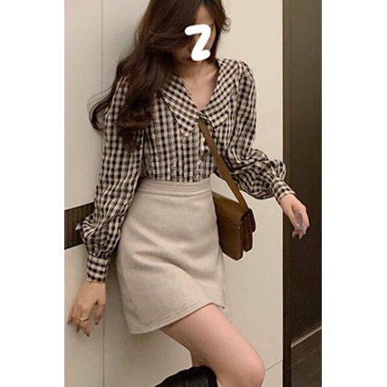 Áo Sơ Mi Nữ Ca Rô Dài Tay Cổ Bẻ Thời Trang Hàn