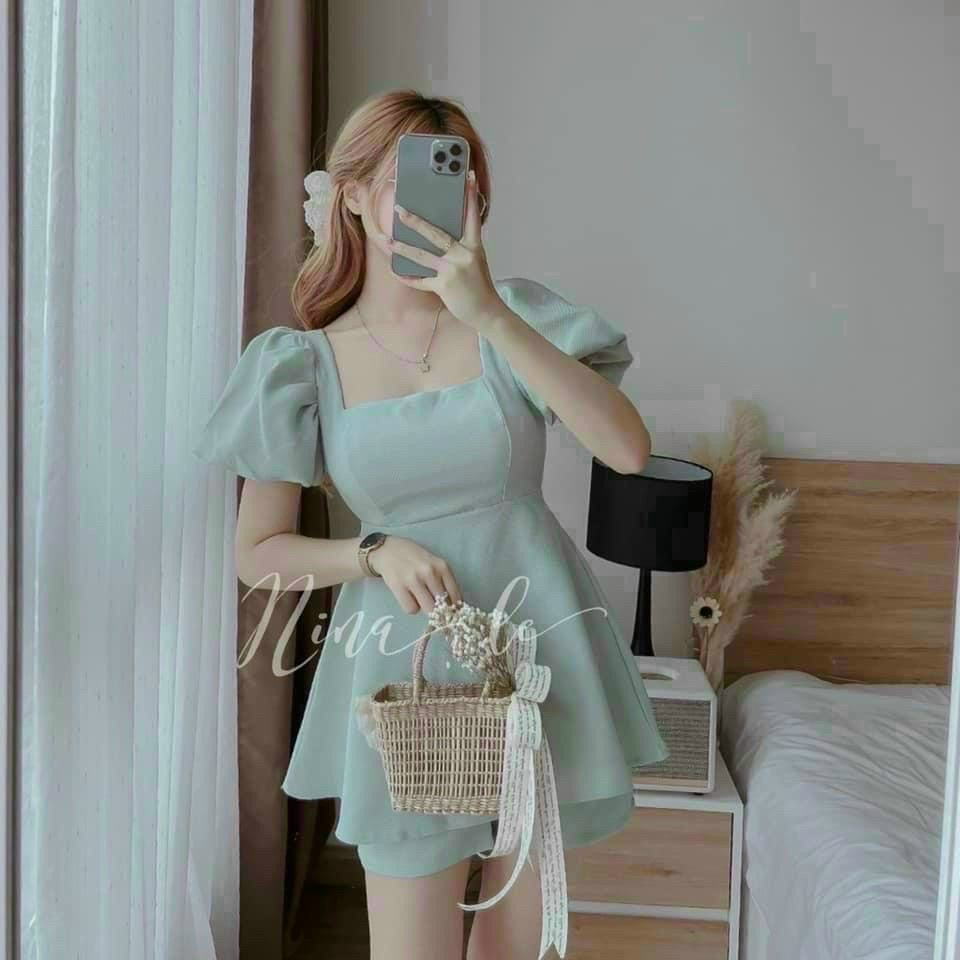 Sét Đồ Bộ Áo Voan Cổ Vuông Tay Ngắn Kèm Cột Nơ Sau Lưng Kết Hợp Quần Short Trẻ Trung TTSA1784