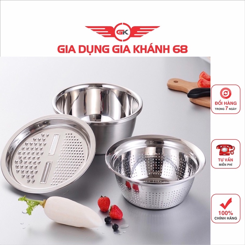 Bộ nạo rau củ 3 món bào Nhật Bản - Rổ nạo rau củ kiêm rổ và chậu inox cao cấp đa năng,tiện lợi