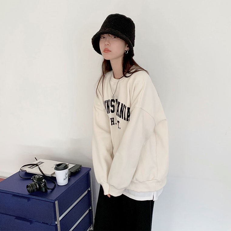 Áo nỉ Peppermint 39062 tay dài cổ tròn in chữ phong cách thời trang cá tính