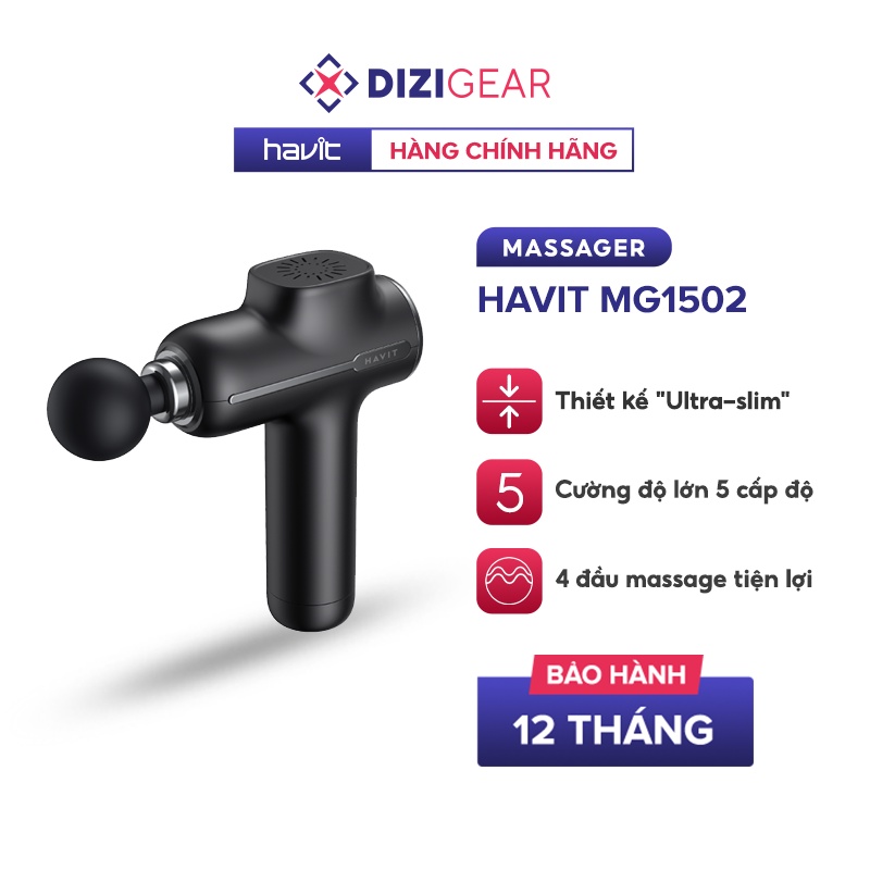 Máy Massage Thể Thao Cầm Tay Havit MG1502, Cường Độ Lớn 5 Cấp Độ, 4 Đầu Massage - Chính Hãng BH 12 Tháng Dizigear