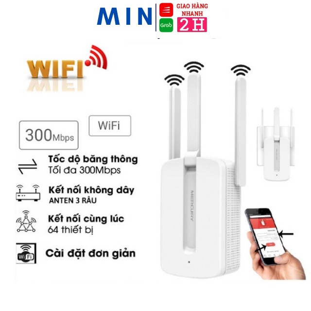 kích sóng wifi,Bộ Kích Sóng Wifi Mercury, Repeater MW310RE 3 Anten Cực Mạnh (phukienmin)
