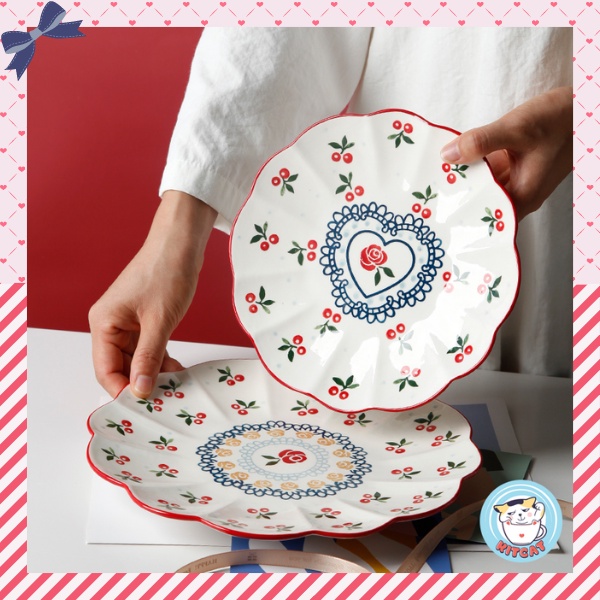Đĩa sứ Cherry tròn, đĩa decor decor bàn ăn họa tiết hoa viền sóng phong cách vintage Nhật Bản - Hàn Quốc - KITCAT STORE