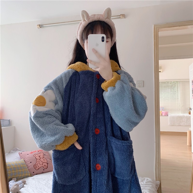 Phiên bản Hàn Quốc của bộ đồ ngủ pijama lông cừu san hô mùa thu đông ngọt ngào và đáng yêu