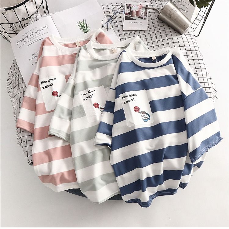 Oversized T-shirt Korean New Summer Striped Short Sleeve T-Shirt Harajuku Style Schoolgirl Bf Half Sleeve