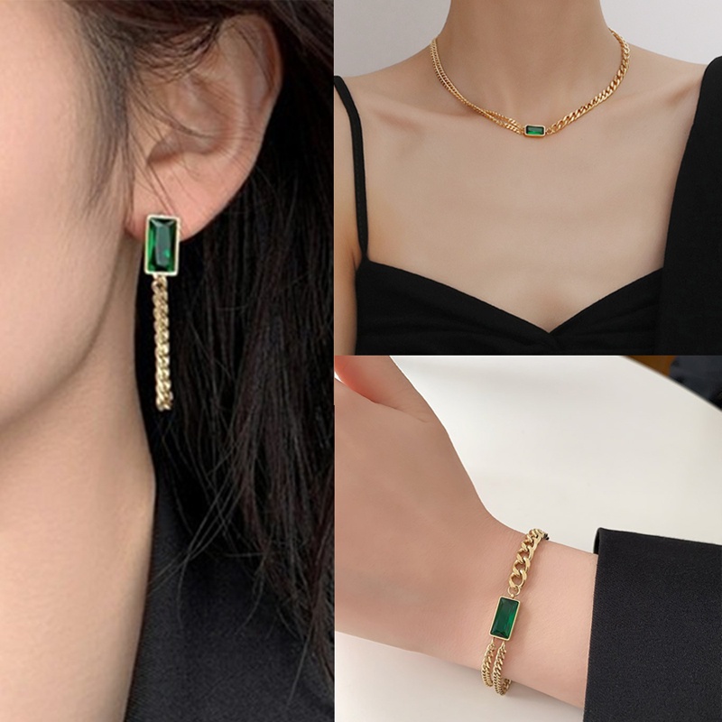 Bộ Trang Sức Hợp Kim Đính Đá Zircon Màu Xanh Lá Vàng Dành Cho Nữ