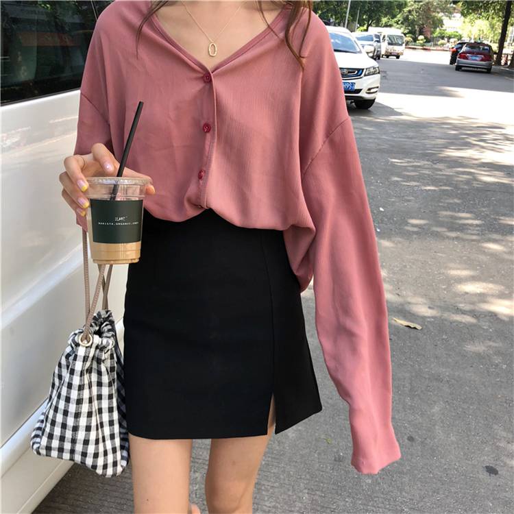(Hàng Có Sẵn) Áo Sơ Mi Cổ Chữ V Dáng Rộng Màu Trơn Đơn Giản Mùa Thu Phong Cách Hàn Quốc Mới Mùa Thu Năm 2021 Dành Cho Bạn Nữ