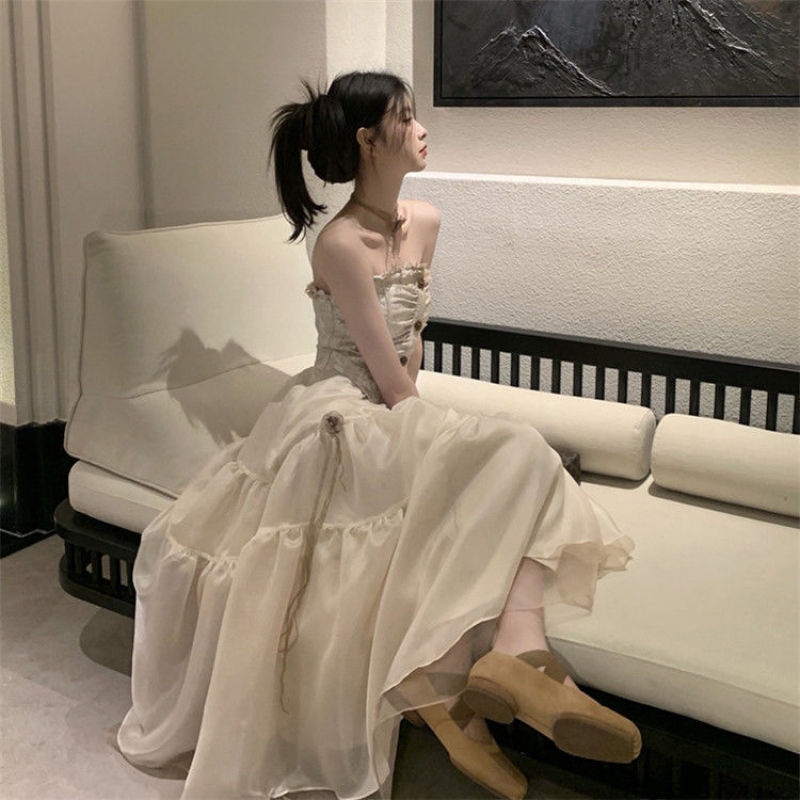Đầm Dài Phối Lưới Phong Cách Hàn Quốc Cổ Điển Thời Trang Cho Nữ