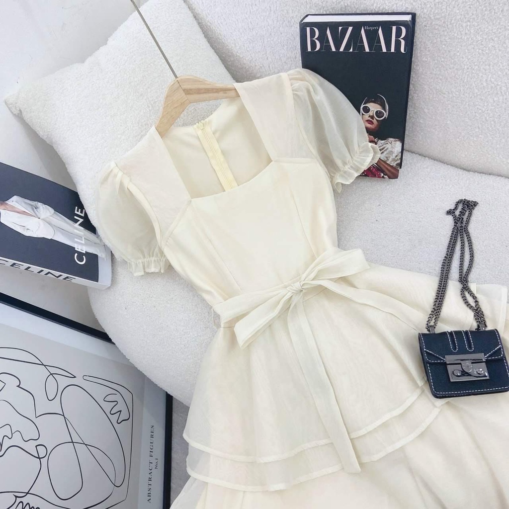 Váy đầm nữ dáng xòe dự tiệc cổ vuông xếp tầng phối nơ eo