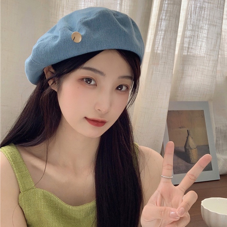 Mũ Nồi jean Nữ Họa Tiết Cúc Khuy Phong Cách Retro, Nón Beret Vải Bò Thời Trang Hàn Quốc