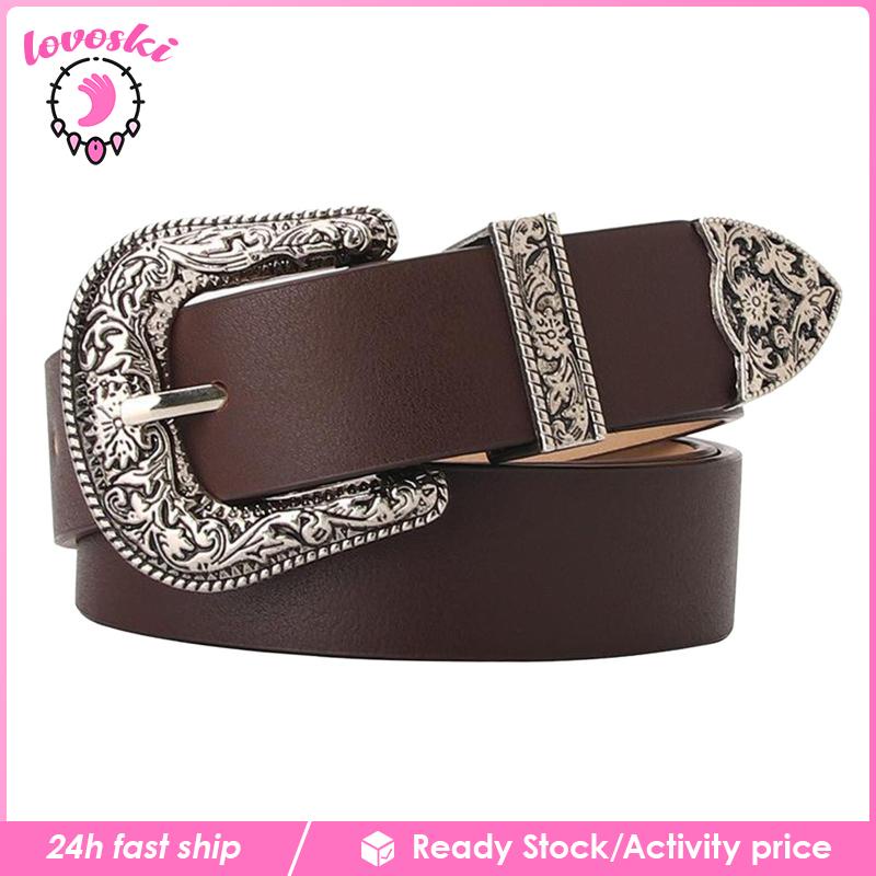 Thắt Lưng Giả Da Khóa Chạm Khắc Màu Đen Thời Trang Cho Nữ