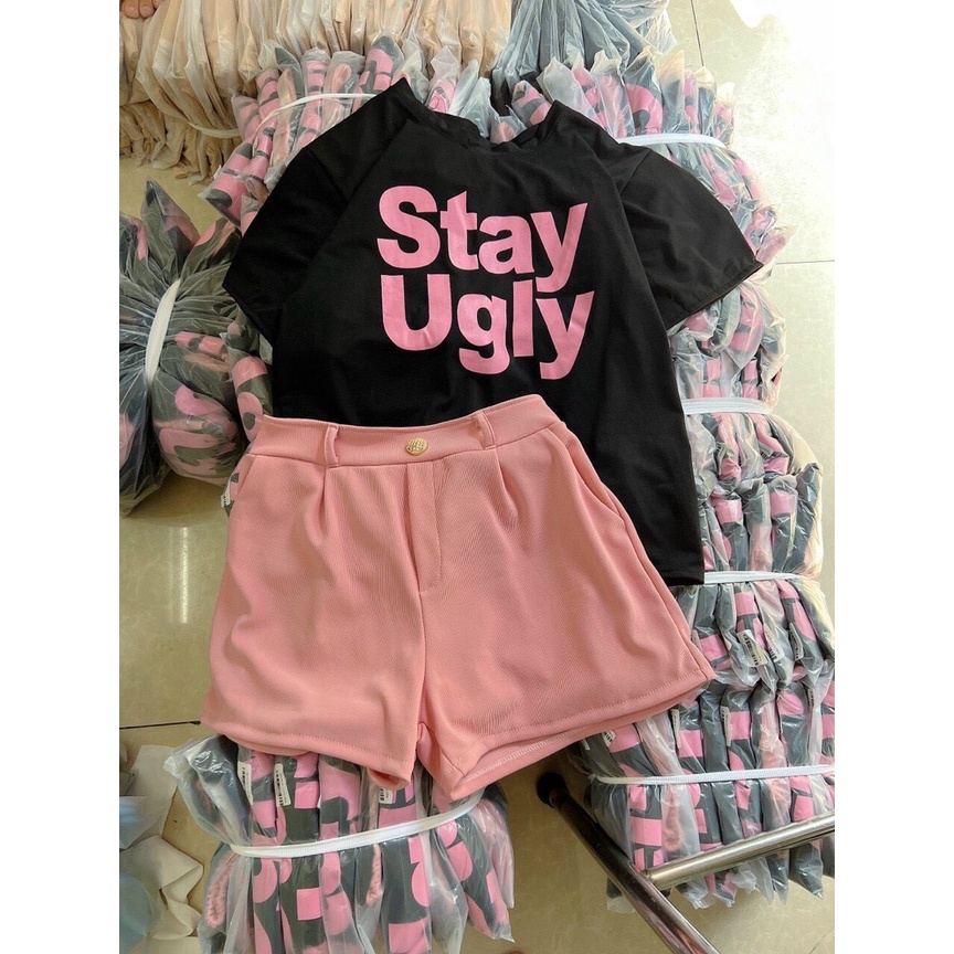 ( MIỄN PHÍ SHIP 2022) Set bộ nữ stay ugly màu hồng dễ thương, set bộ mặc đi chơi,ở nhà chất thun, quần nhung tăm dày dặn