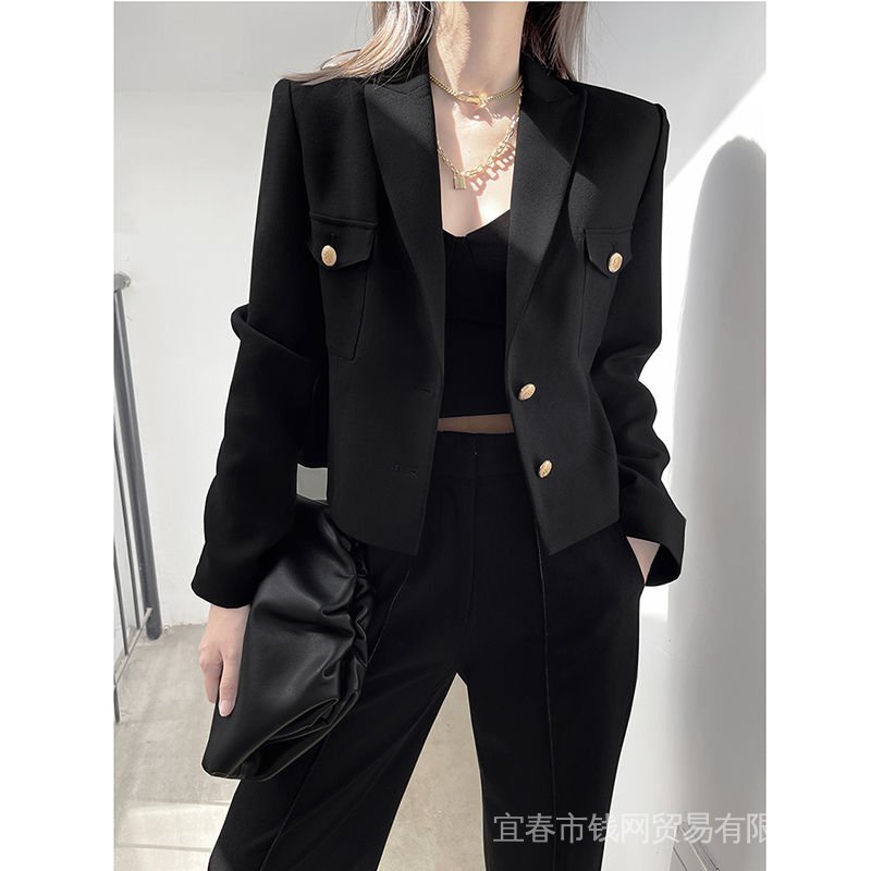 Áo Khoác Vest Ngắn Dáng Rộng Màu Đen Thời Trang Xuân Thu Cho Nữ