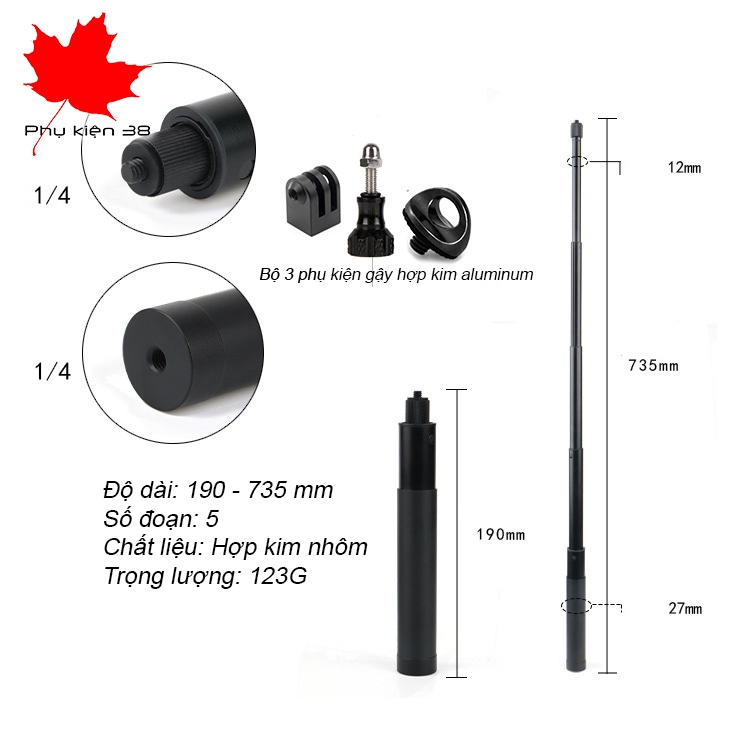 Gậy Tripod 3 chân chụp hình selfie tự sướng 73cm dùng cho điện thoại, gopro, sjcam eken insta360 hợp kim nhôm