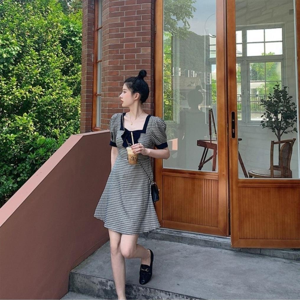 Váy Nữ Ngắn , Đầm Dáng Xòe Kẻ Caro , Cổ Vuông Đính Nơ ,Tay Bồng Thời Trang Công Sở Quảng Châu Cao Cấp -JKG2