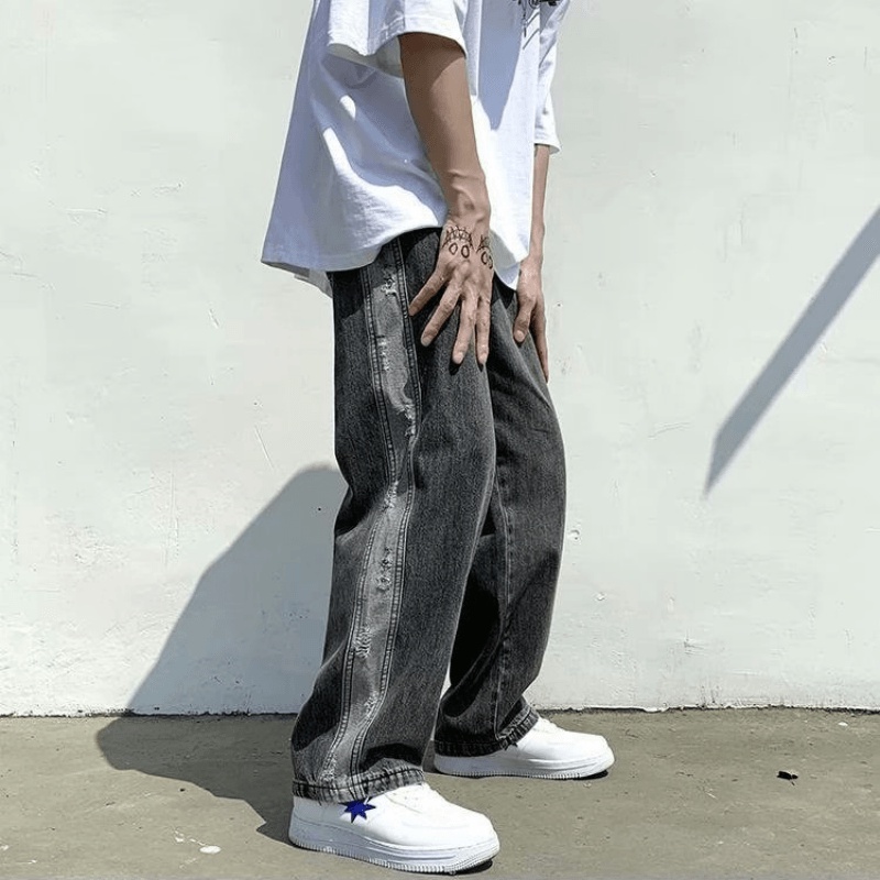 Quần jeans Dài Phối Vết Rách Phong Cách Thời Trang Hàn Quốc Cho Nam Giới Size S-3XL