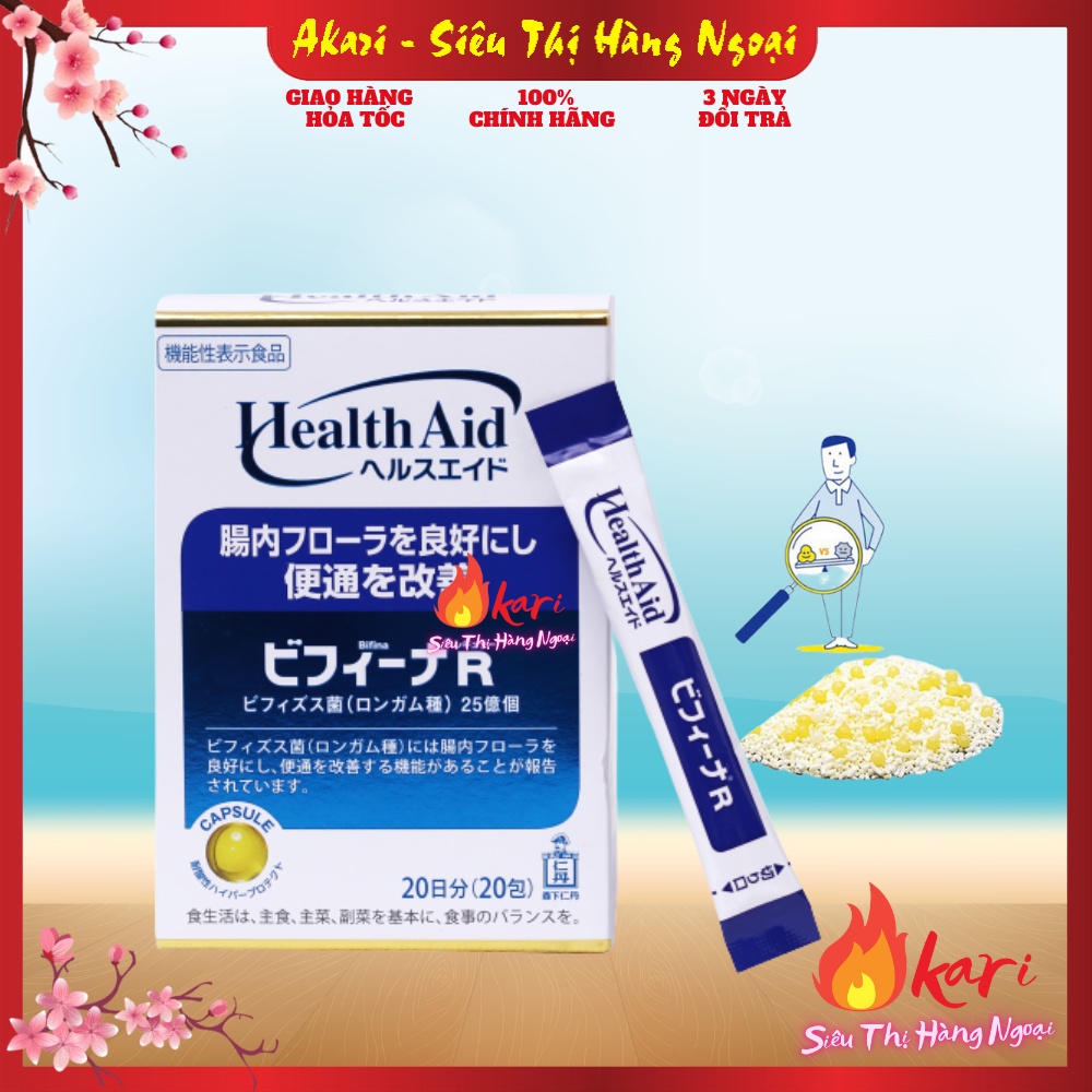 Men vi sinh Health Aid BIFINA R hộp 20 gói hỗ trợ tiêu hóa cho trẻ em, người lớn, bà bầu, táo bón, tiêu chảy Nhật Bản