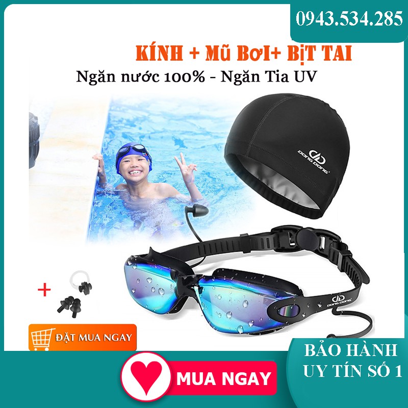 Kính bơi lặn có nút bịt tai + TẶNG MŨ BƠI cho cả người lớn, trẻ em loại tốt mặt kính có tráng chống xước (FREE SIZE)