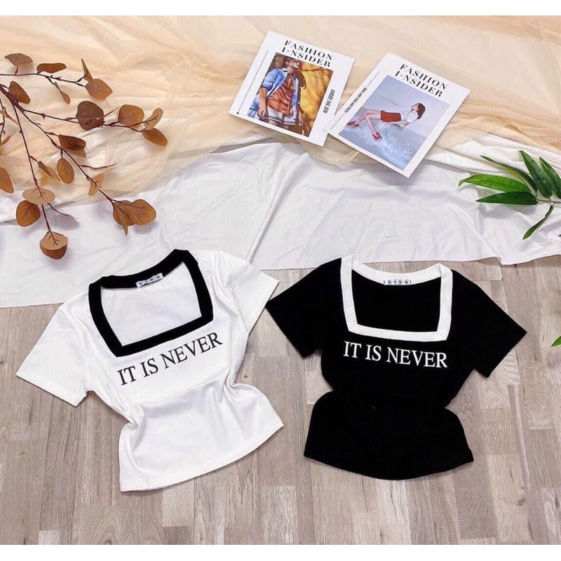 Áo croptop cổ vuông bo viền chữ never