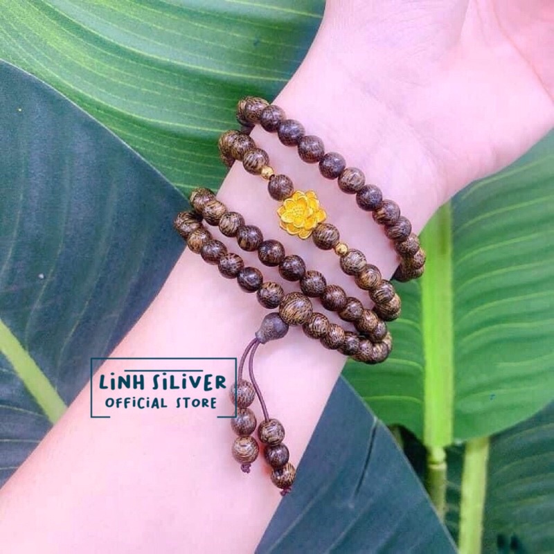 VÒNG TRẦM 108 HẠT MIX SEN BI BẠC MẠ VÀNG