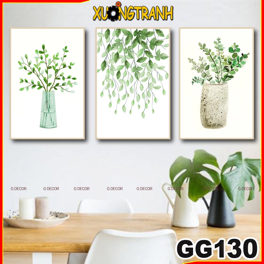 Tranh treo tường canvas 3 bức phong cách Bắc Âu 130, tranh lá cây trang trí phòng khách, phòng ngủ, phòng ăn