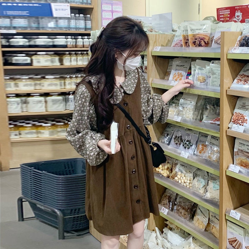 Bộ Áo Sơ Mi Cổ Búp Bê + Đầm Yếm Thiết Kế Mới Xinh Xắn Thời Trang Dành Cho Nữ