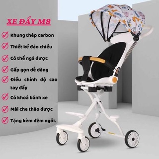 Xe đẩy gấp gọn đi dạo 2 chiều ghế ngả có đệm + mái full phụ kiện m8