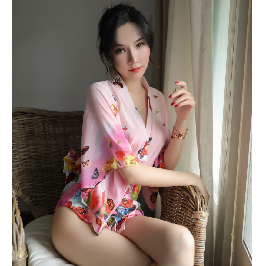 [Che tên] Áo choàng tắm Pyjama voan hoa ngắn tay gợi cảm