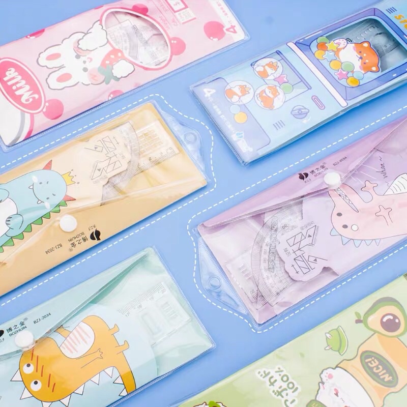 Combo 4 thước tiện dụng có túi đựng thước 20cm dễ thương Bistore