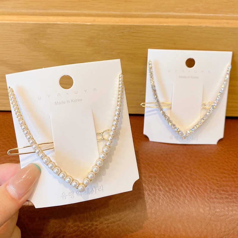 Kẹp tóc chữ V đính đá và ngọc trai giả phong cách Hàn Quốc thời trang dành cho nữ