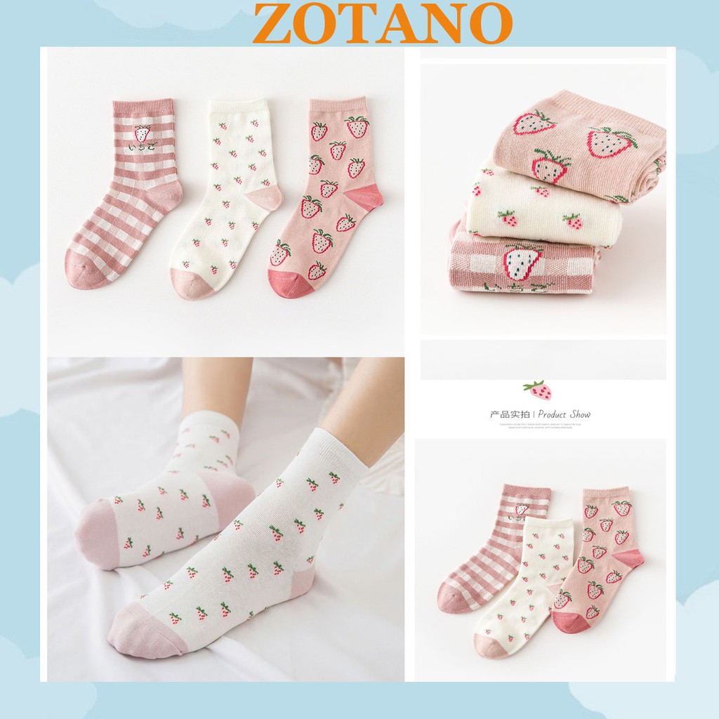 Set 3 đôi Tất hồng cao cổ Zotano dâu tây nhẹ nhàng mịn màng siêu xinh TN109