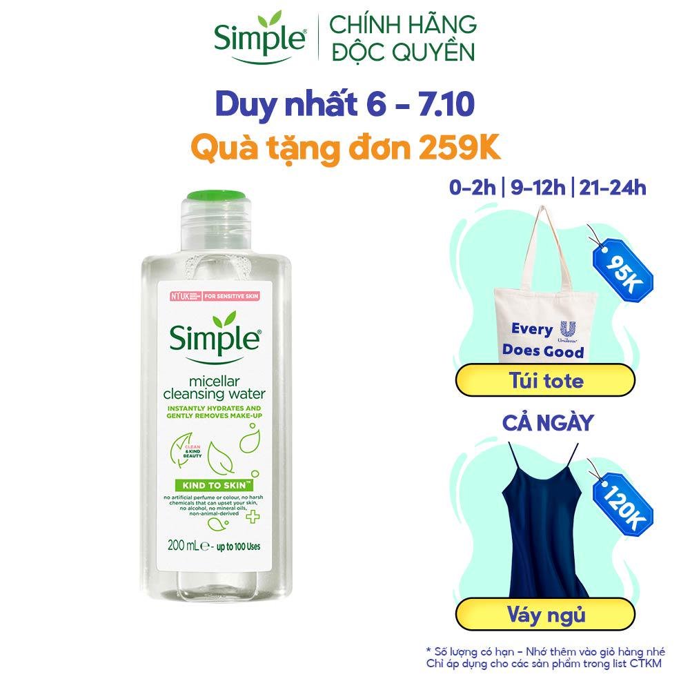 Nước tẩy trang Simple Micellar làm sạch trang điểm vượt trội - không chứa cồn gây khô rát 200ml