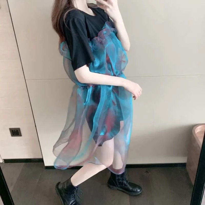 2021 design new summer organza pleated irregular denim mesh stitching cotton short sleeve T-shirt female ins trendy styl