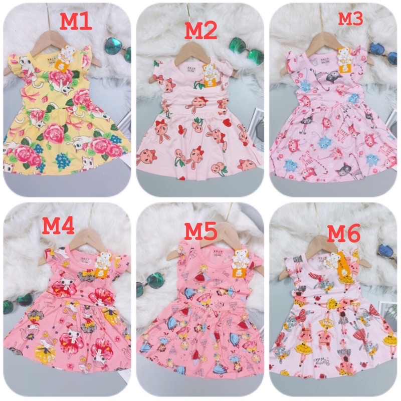 Váy cotton thun lạnh quảng châu xuất hàn bé gái in tràn hình nhiều mẫu size 9-16kg( video và hình chụp thật 100%)