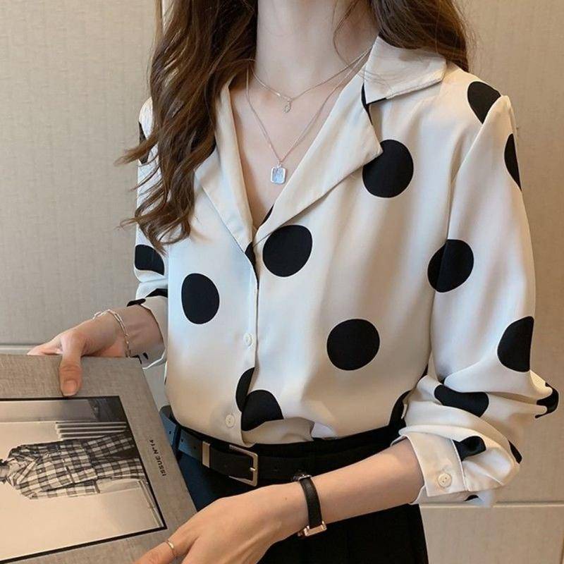 Áo Sơ Mi Chiffon Tay Dài Họa Tiết Chấm Bi Thiết Kế Thanh Lịch Cho Nữ