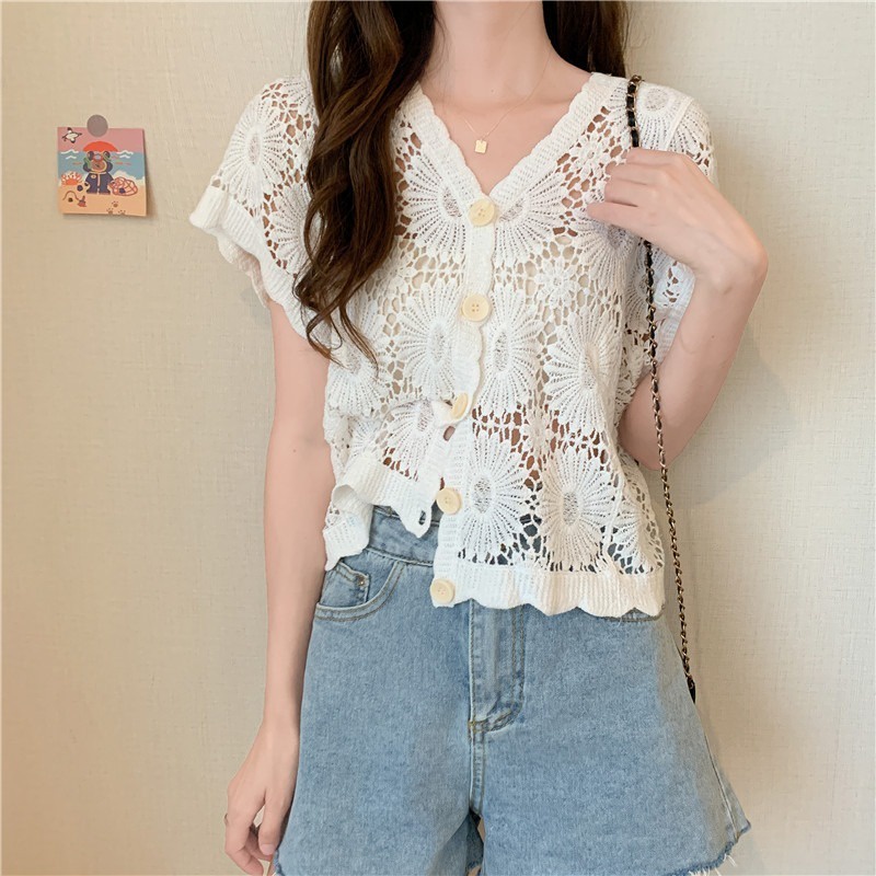 Áo cardigan ZHELIHANGFEI vải dệt kim tay ngắn cổ chữ V quyến rũ hợp thời trang