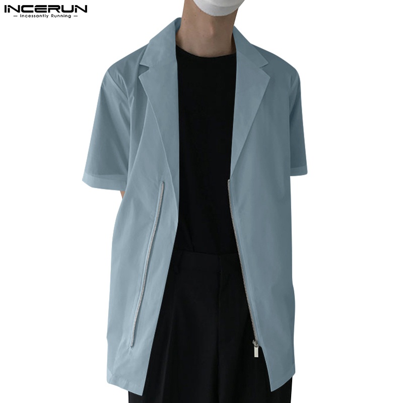 Áo sơ mi INCERUN tay ngắn màu trơn cổ bẻ phối khóa kéo thời trang mùa hè cho nam