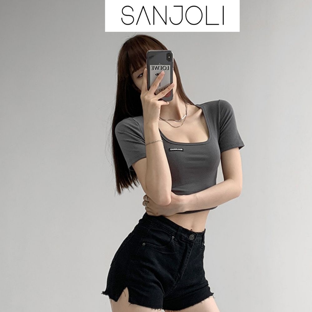 Áo croptop cổ vuông nữ Sanjoli thiết kế tay ngắn ôm body sexy chất vải len gân năng động AO020