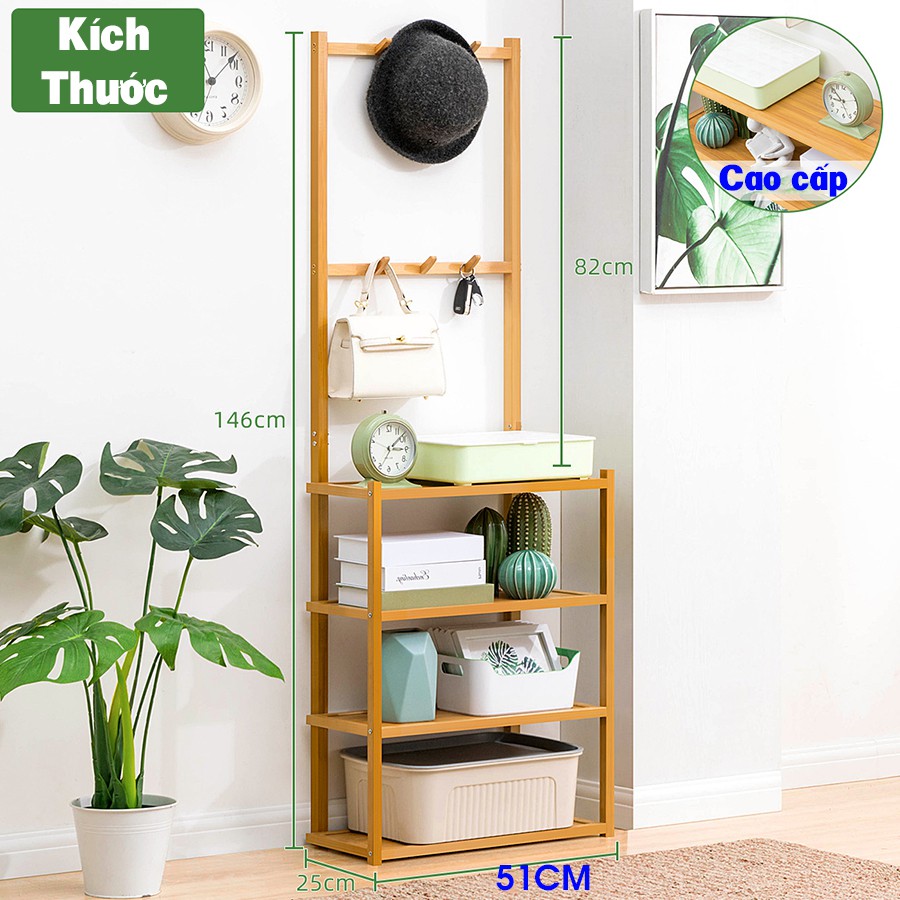 Giá kệ để đồ đa năng VANGO V22 gỗ tre tự nhiên cao cấp, có khung để móc quần áo tiện lợi, phong cách nội thất hiện đại