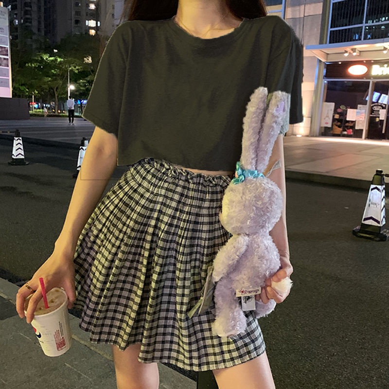 Set Áo Thun Ngắn Tay + Chân Váy Lưng Cao Họa Tiết Sọc Caro Thời Trang Mùa Hè