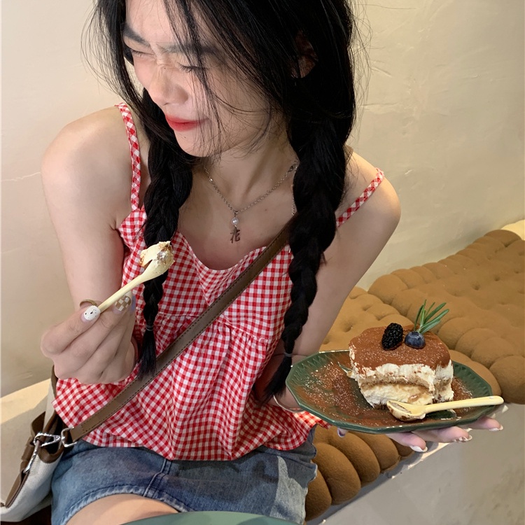 Áo Hai Dây Dáng Rộng Hở Lưng Họa Tiết Kẻ Sọc Màu Đỏ Thời Trang Mùa Hè Hàn Quốc Cho Nữ
