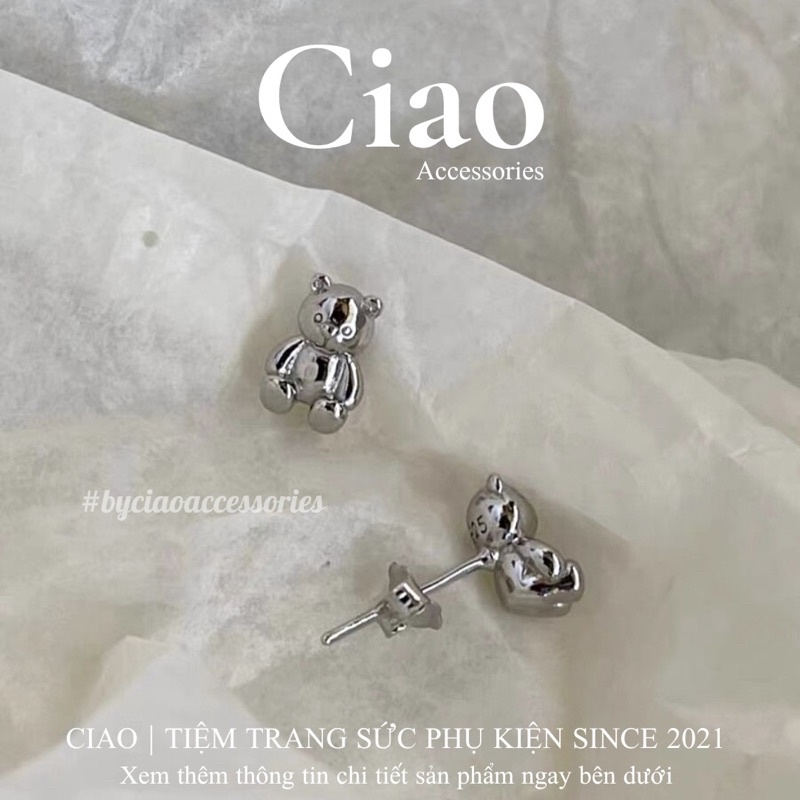 [HOẢ TỐC 1H] Khuyên tai/ Bông tai mạ bạc S925 thiết kế hình teddy Bear Tiny Ciao