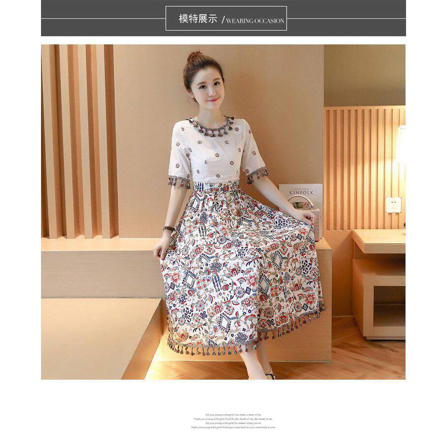 Đầm Maxi thổ cẩm phối tua rua - Hàng nhập