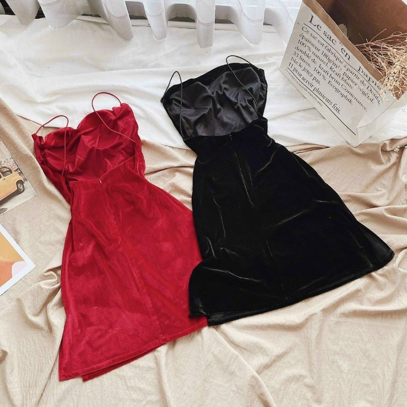Đầm nhung 2 dây chỉ hở lưng có mút ngực_cachuashophcm