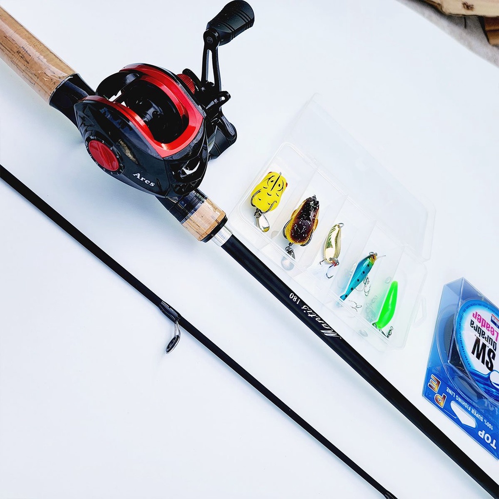 Bộ Cần Câu Lure Mantis Máy Ngang Ares Cần Câu Cá Carbon Kèm Dây PE Và Hộp Mồi Lure